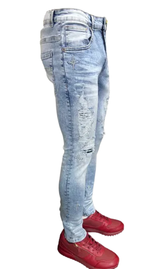 M.Society Men's Light Blue Ripped Jeans With Stars SLIM-Fit