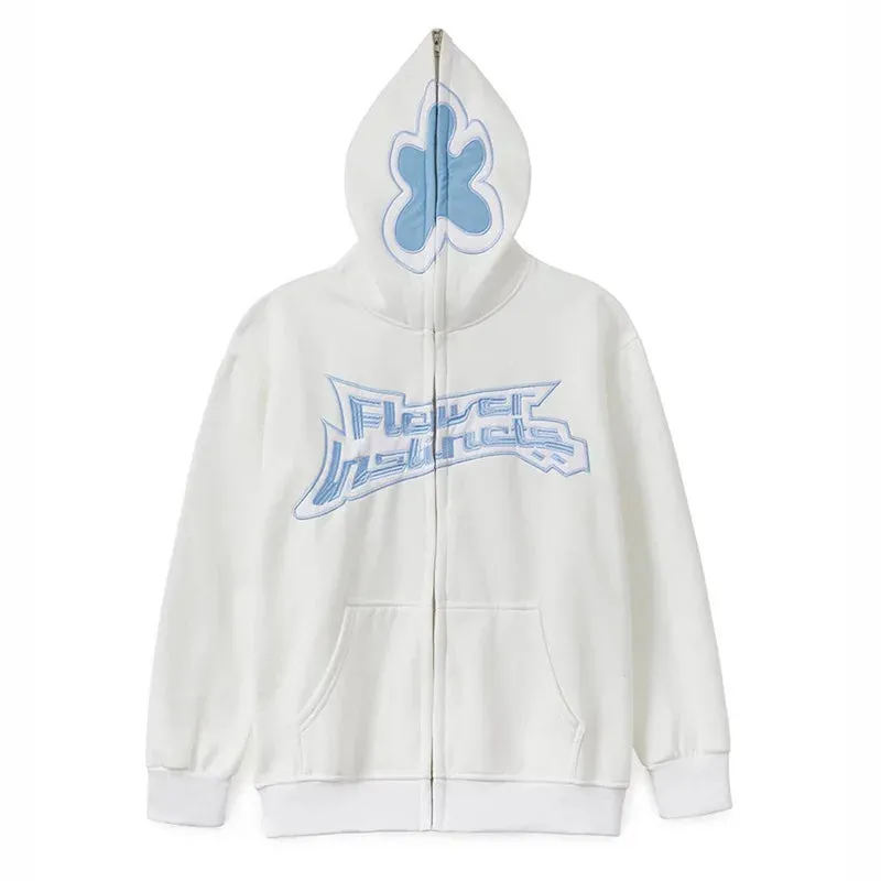 Neutral Casual Loose Oversized Flower Embroidery Zipper Hoody
