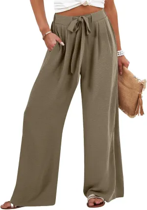 Palazzo Pants for Women Casual Tie High Waist Baggy Flowy Pants Beach Boho Business Dressy Lounge Slacks with Pockets