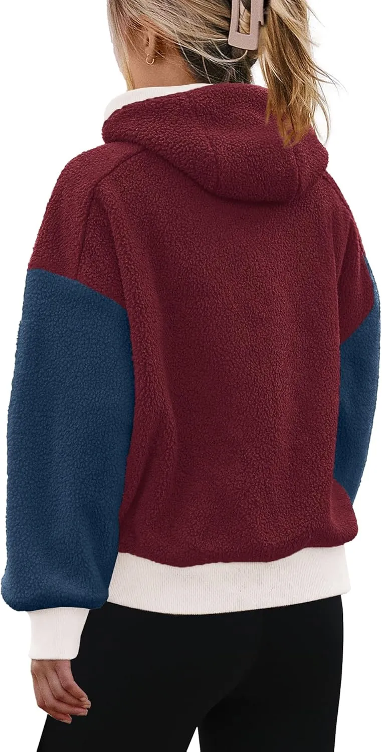 Panadila Womens Fuzzy Fleece Jacket Zip Up Oversized Hoodie Sherpa Warm Coats Color Block Top Outerwear with Pockets