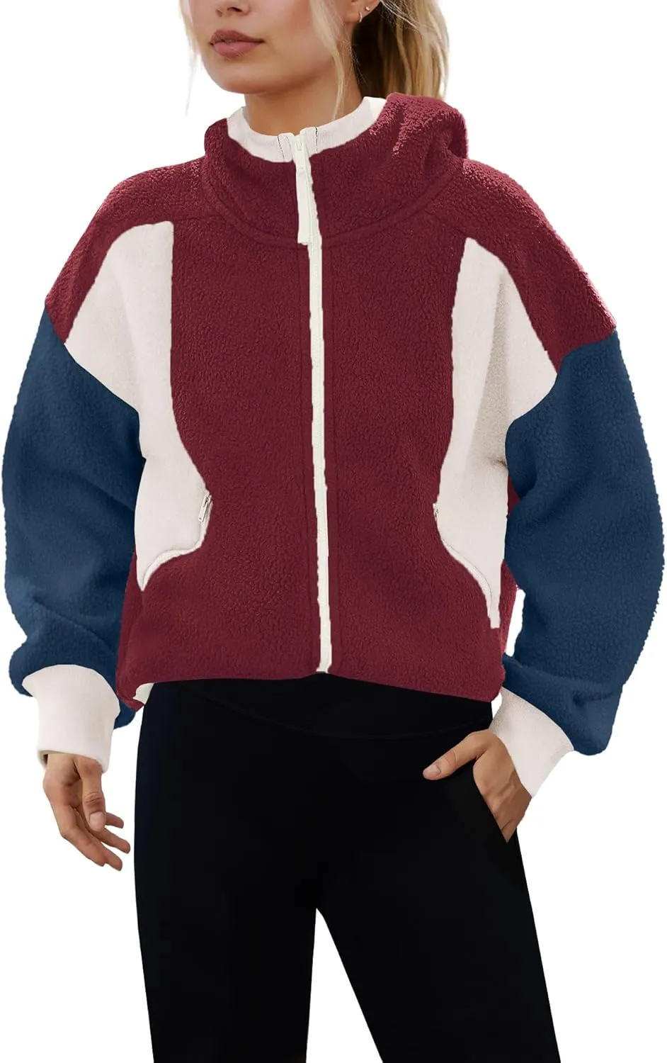 Panadila Womens Fuzzy Fleece Jacket Zip Up Oversized Hoodie Sherpa Warm Coats Color Block Top Outerwear with Pockets