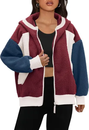 Panadila Womens Fuzzy Fleece Jacket Zip Up Oversized Hoodie Sherpa Warm Coats Color Block Top Outerwear with Pockets