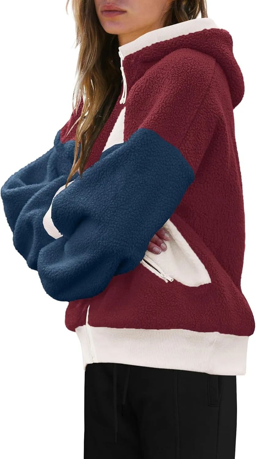 Panadila Womens Fuzzy Fleece Jacket Zip Up Oversized Hoodie Sherpa Warm Coats Color Block Top Outerwear with Pockets