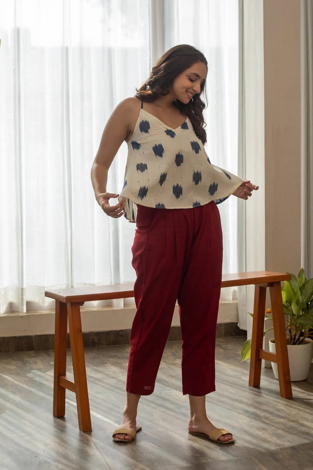 Paula Cotton Linen Pants - Maroon