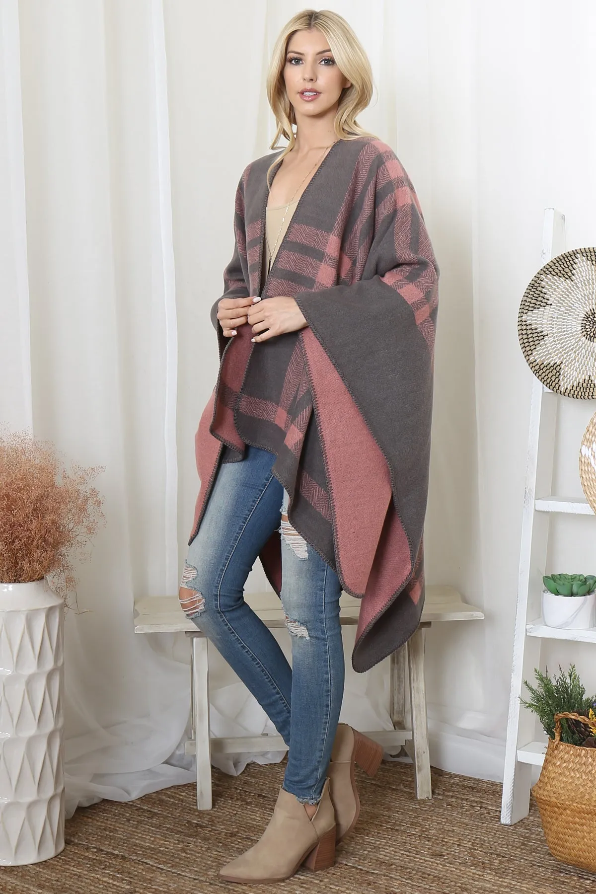 PLAID KNIT WARMER OPEN FRONT KIMONO (NOW $8.75 ONLY!)
