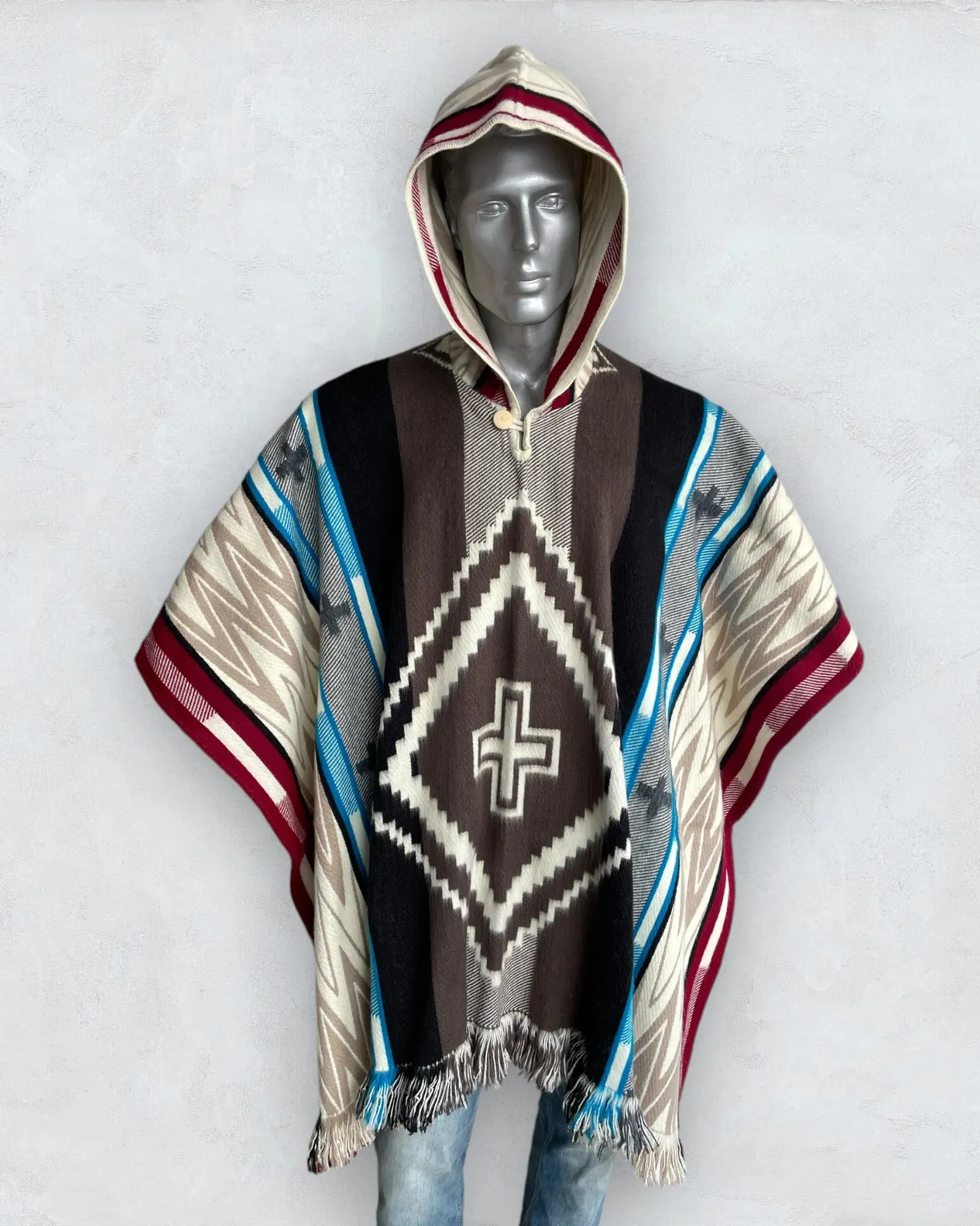 Poncho Hood Wool Navajo Light Blue