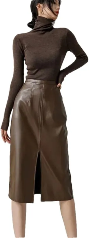 PU Leather Skirts for Women High Waist Fall Straight Split Midi Skirts Oversized Coffee Streetwear