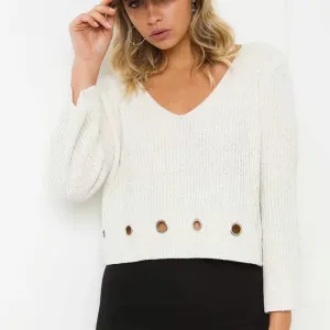 Pure Color Holes Long Sleeves V-neck Regular Sweater