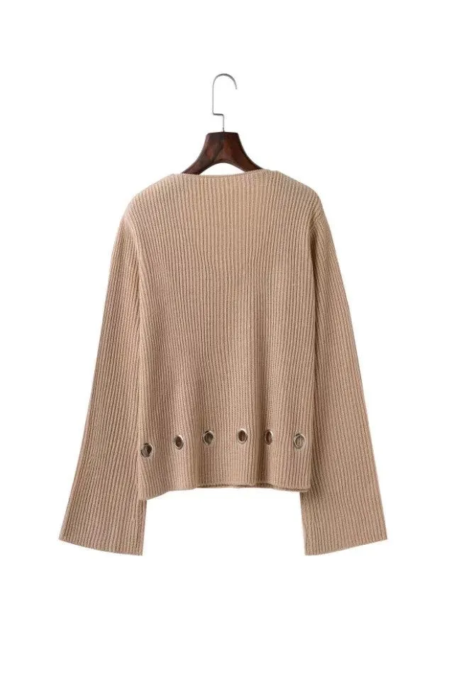 Pure Color Holes Long Sleeves V-neck Regular Sweater