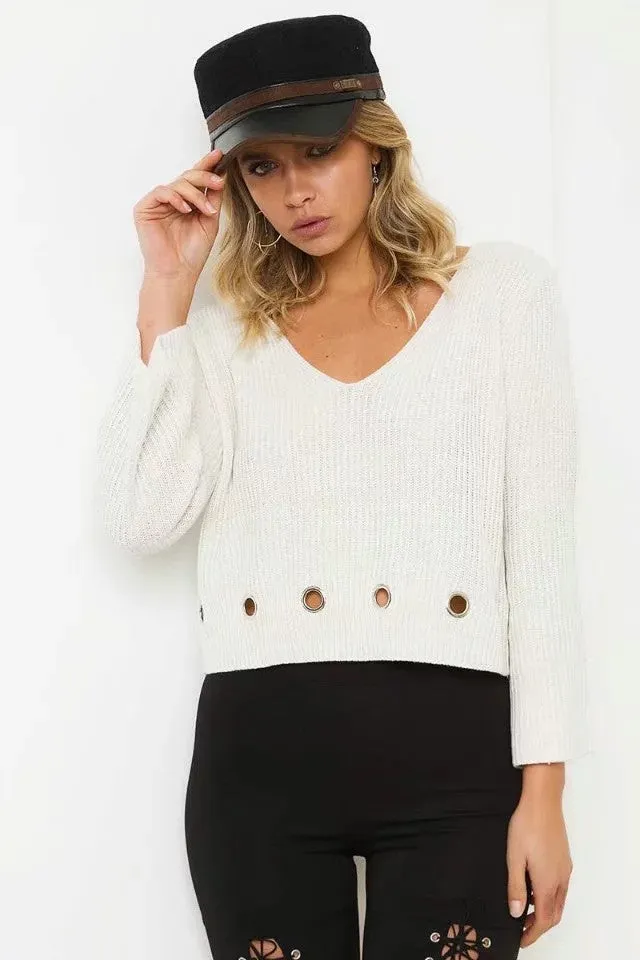 Pure Color Holes Long Sleeves V-neck Regular Sweater
