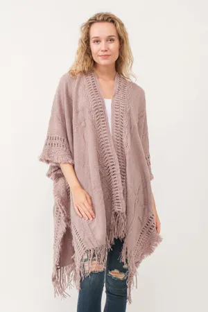 RAJ ISSEY CROCHET BORDER PONCHO RUANA ROSEWOOD