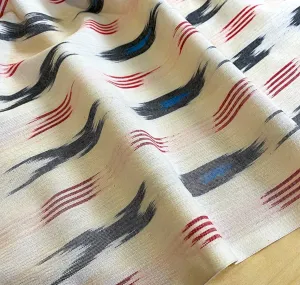 REMNANT 7/8 Yard, Cream/Black/Red/Blue Ikat, Cotton Handloom from India, #TK-46
