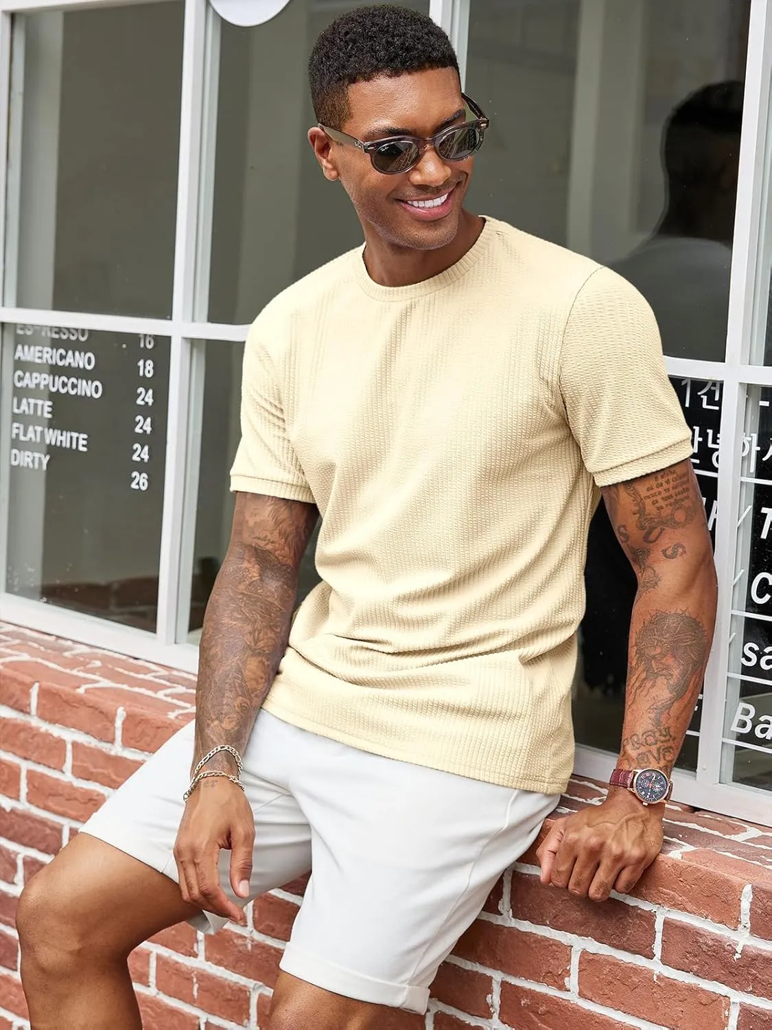 Runcati Mens Short Sleeve T Shirts Casual Crewneck Ribbed Knit Tee Tops Slim Fit Basic Stretch Summer Shirt