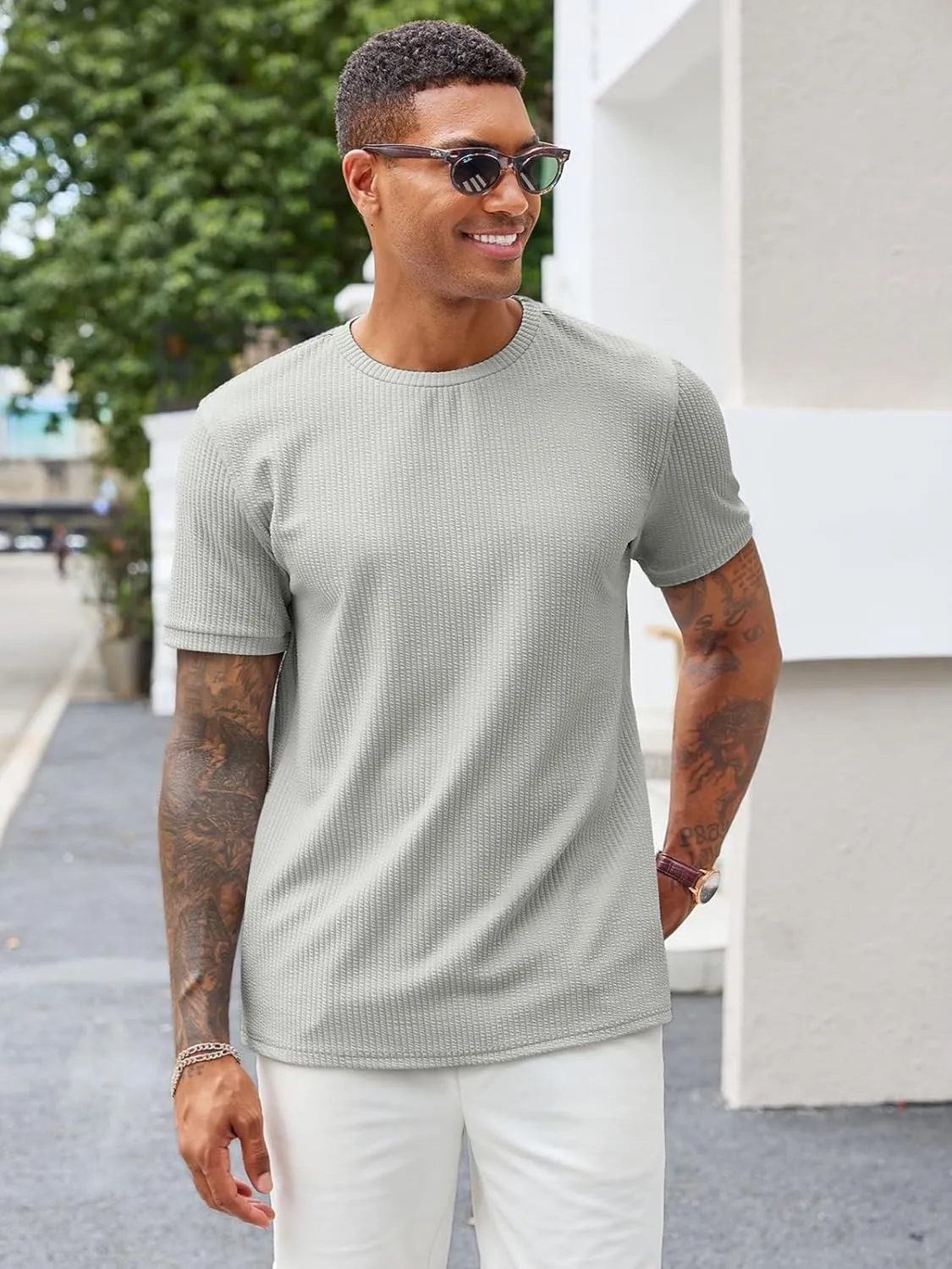 Runcati Mens Short Sleeve T Shirts Casual Crewneck Ribbed Knit Tee Tops Slim Fit Basic Stretch Summer Shirt