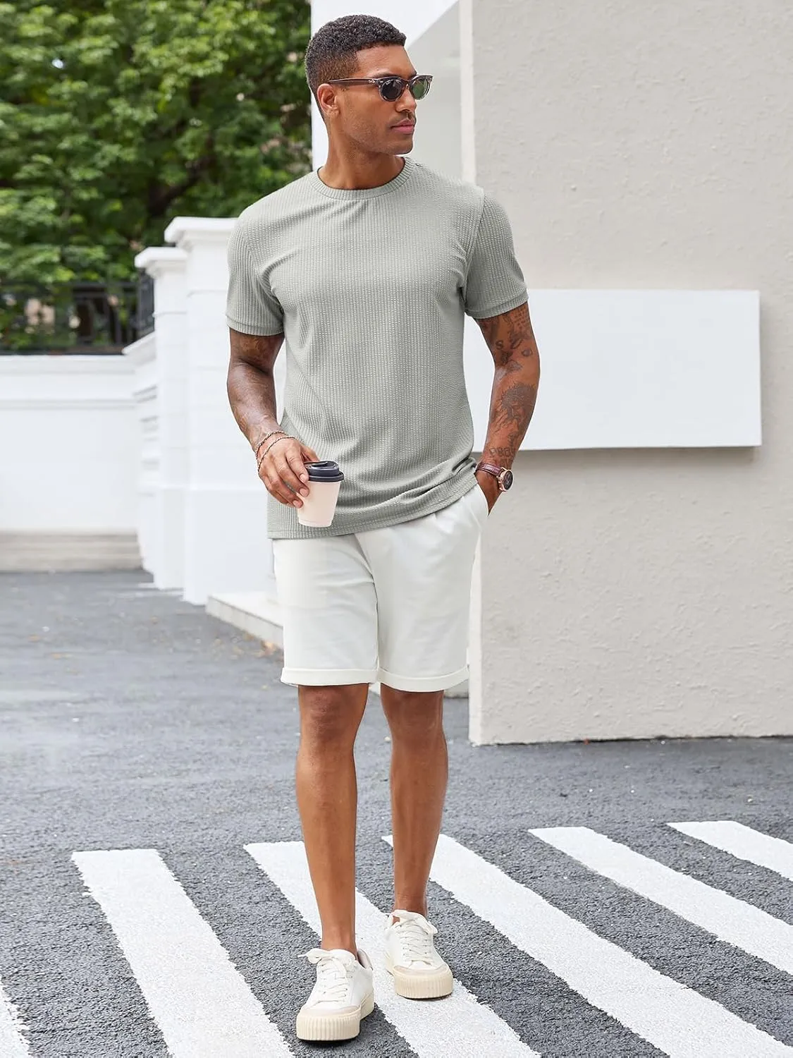 Runcati Mens Short Sleeve T Shirts Casual Crewneck Ribbed Knit Tee Tops Slim Fit Basic Stretch Summer Shirt