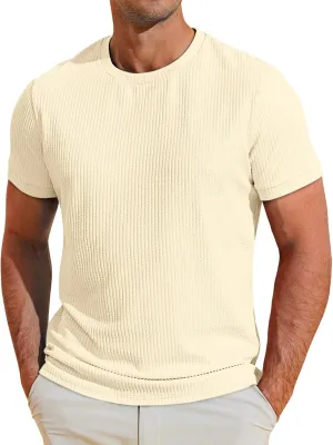 Runcati Mens Short Sleeve T Shirts Casual Crewneck Ribbed Knit Tee Tops Slim Fit Basic Stretch Summer Shirt