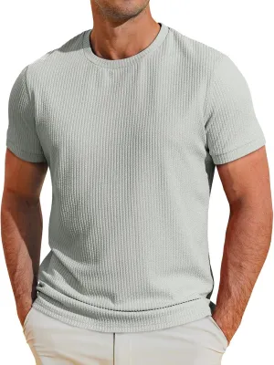 Runcati Mens Short Sleeve T Shirts Casual Crewneck Ribbed Knit Tee Tops Slim Fit Basic Stretch Summer Shirt