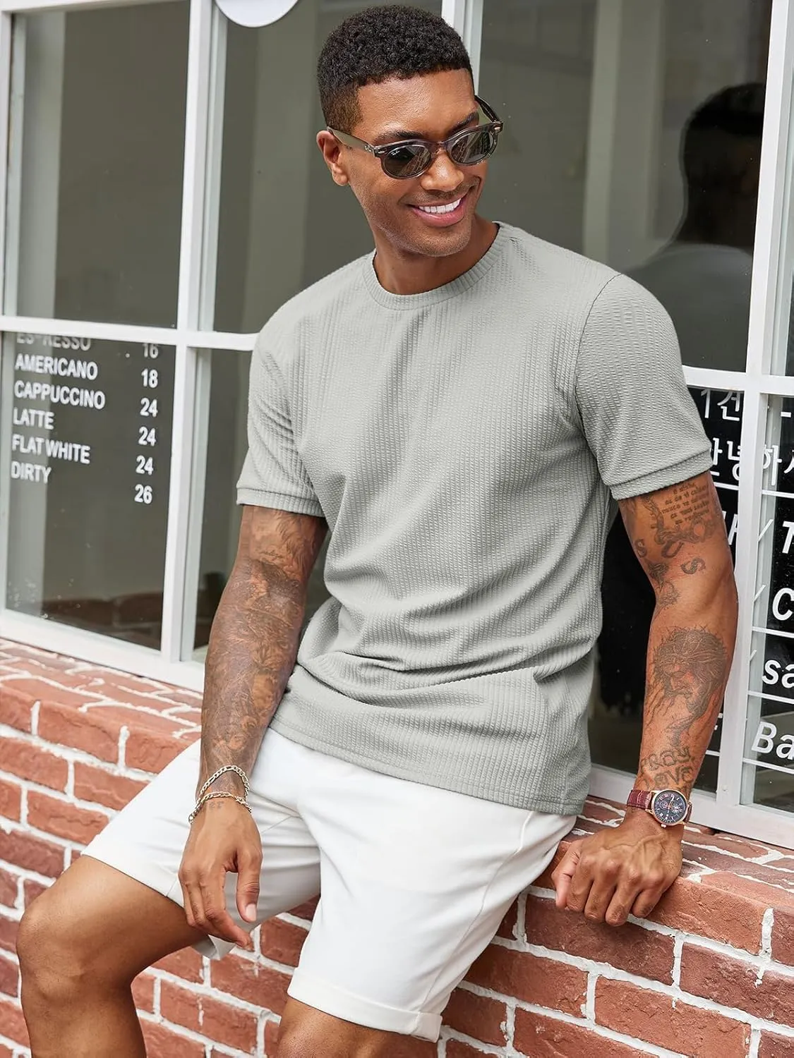 Runcati Mens Short Sleeve T Shirts Casual Crewneck Ribbed Knit Tee Tops Slim Fit Basic Stretch Summer Shirt