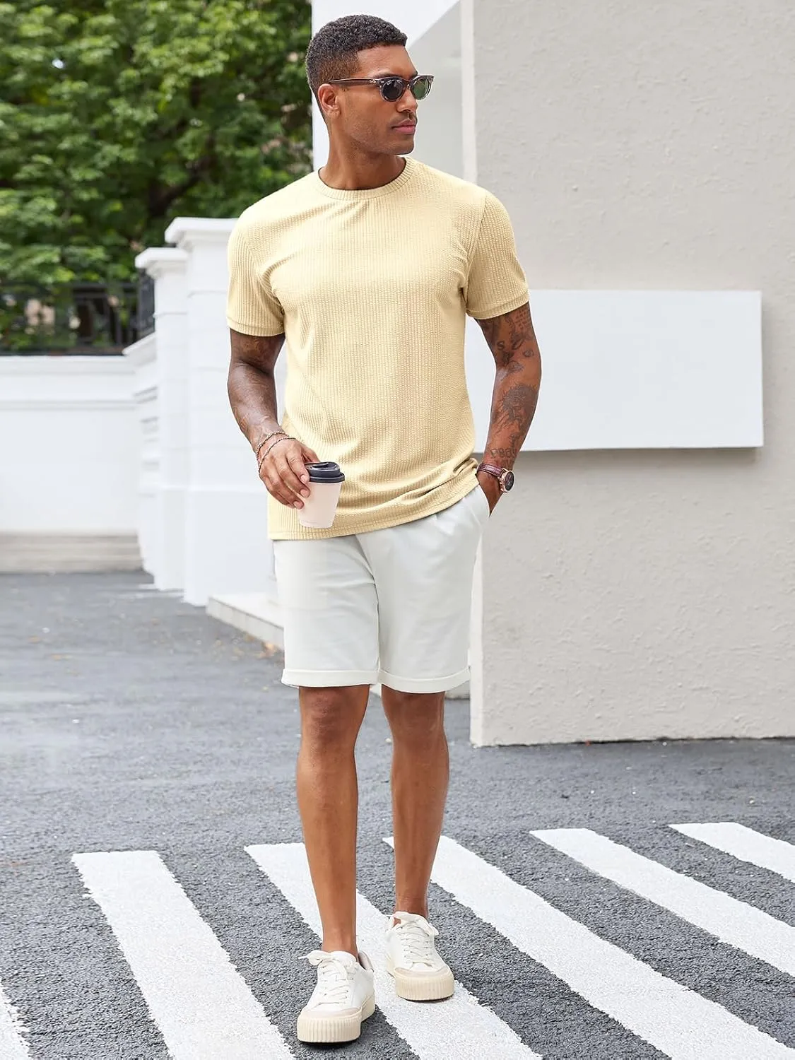 Runcati Mens Short Sleeve T Shirts Casual Crewneck Ribbed Knit Tee Tops Slim Fit Basic Stretch Summer Shirt