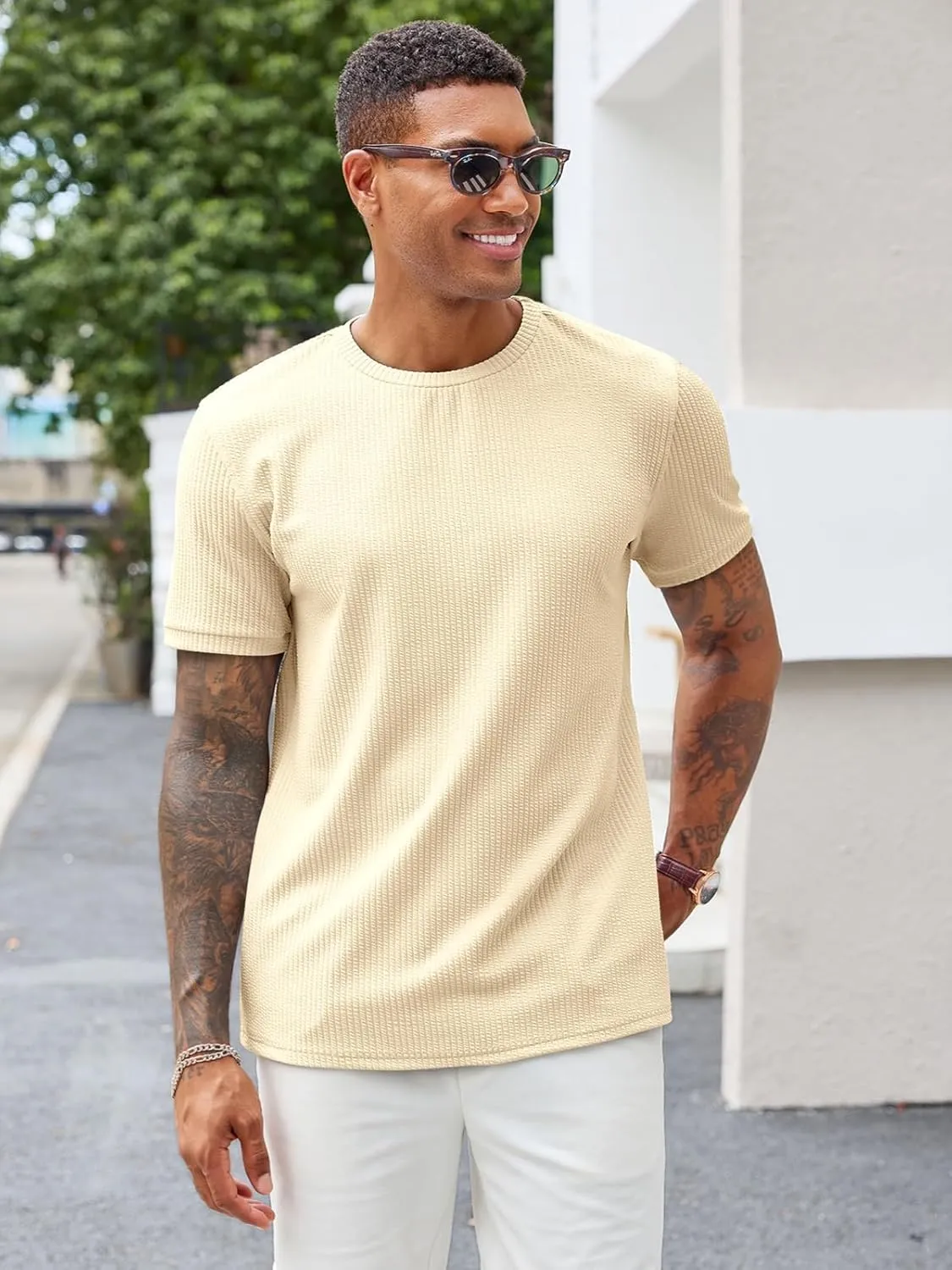 Runcati Mens Short Sleeve T Shirts Casual Crewneck Ribbed Knit Tee Tops Slim Fit Basic Stretch Summer Shirt