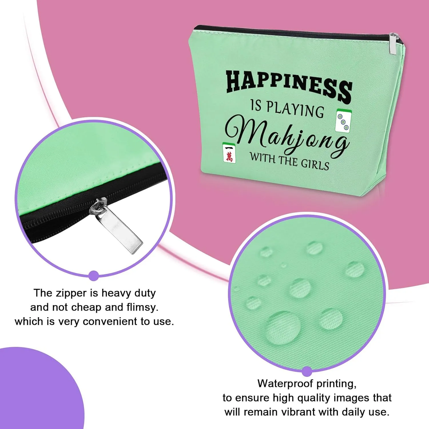 Sazuwu Mahjong Gifts: Green Makeup Bag - Unique Mahjong Themed Items for Women - Grandma, Mom, Aunt, Player Gifts - Travel Pouch