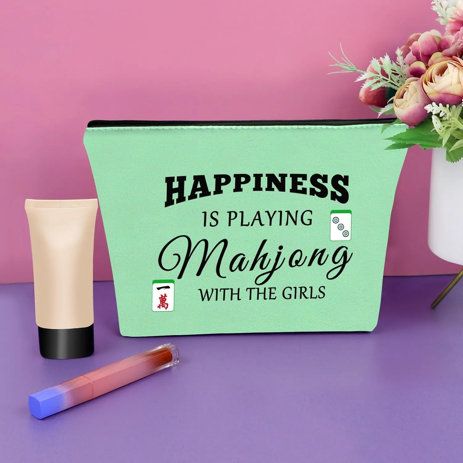 Sazuwu Mahjong Gifts: Green Makeup Bag - Unique Mahjong Themed Items for Women - Grandma, Mom, Aunt, Player Gifts - Travel Pouch