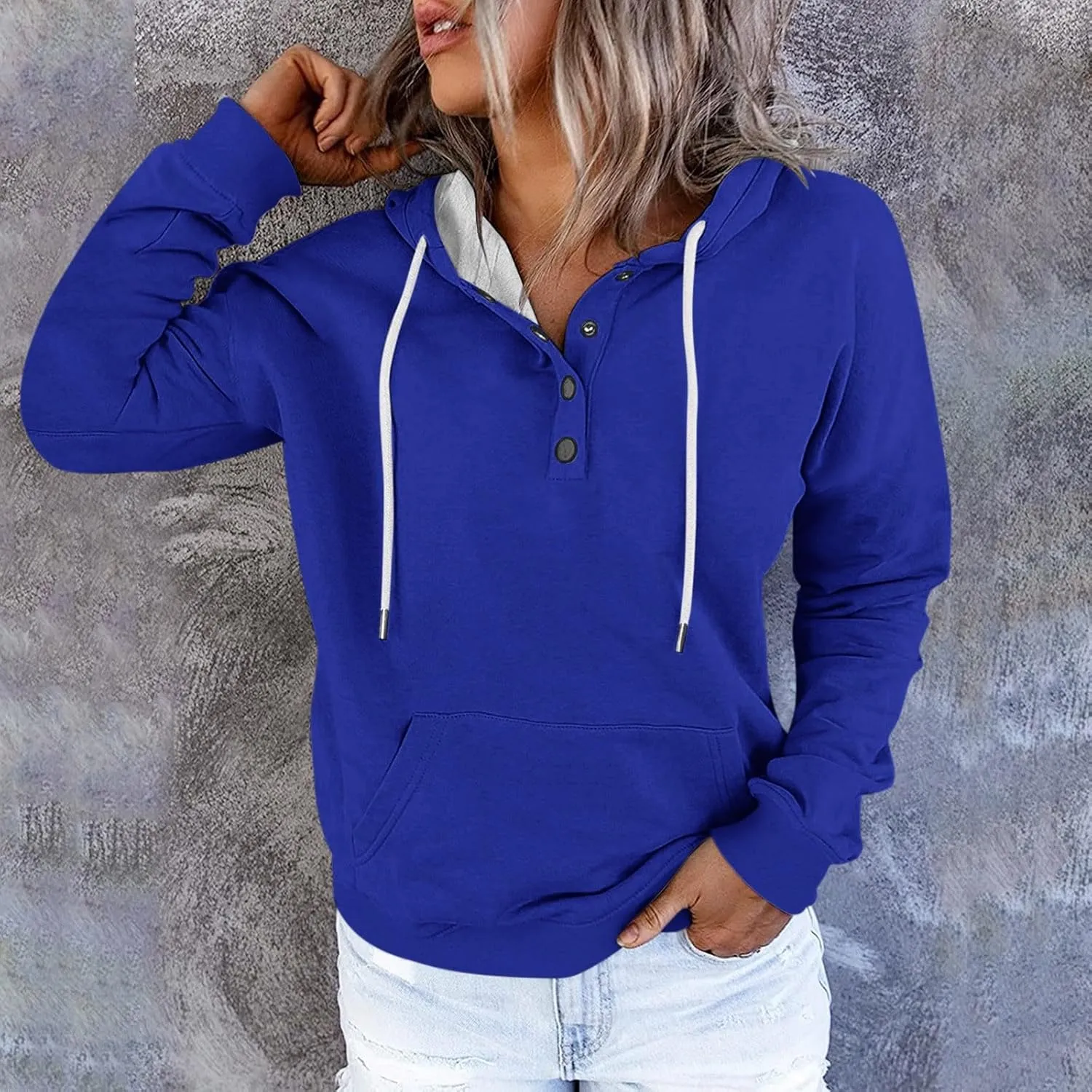 slqdgmryz Hoodies for Women Button Preppy Tunic Sweatshirt Plain Cute Hoodie Drawstring Long Sleeve Pullover with Pockets