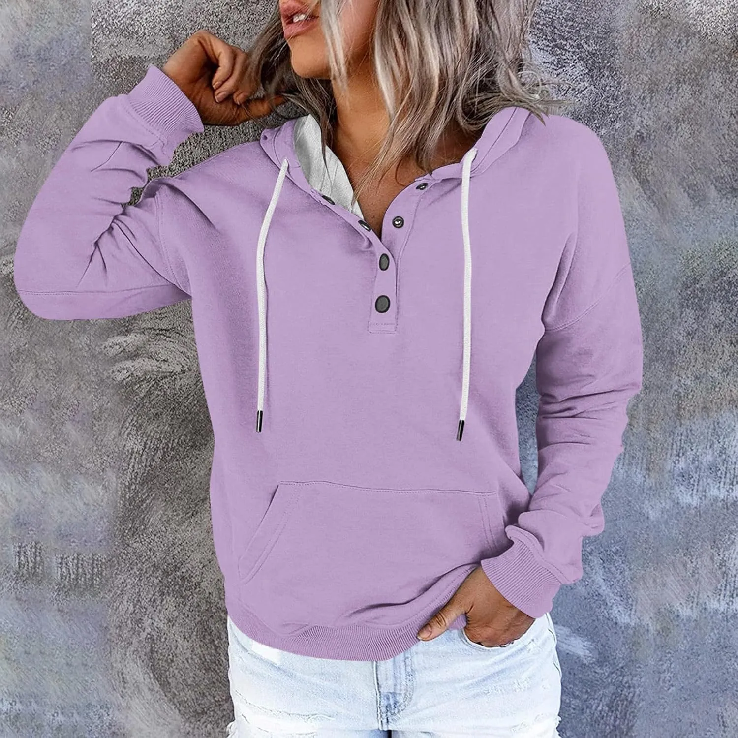slqdgmryz Hoodies for Women Button Preppy Tunic Sweatshirt Plain Cute Hoodie Drawstring Long Sleeve Pullover with Pockets