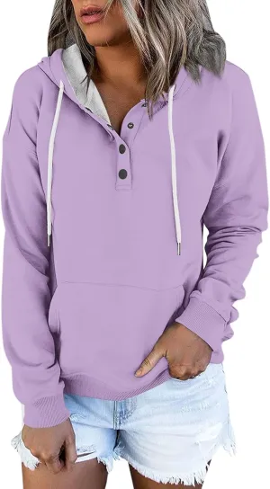 slqdgmryz Hoodies for Women Button Preppy Tunic Sweatshirt Plain Cute Hoodie Drawstring Long Sleeve Pullover with Pockets