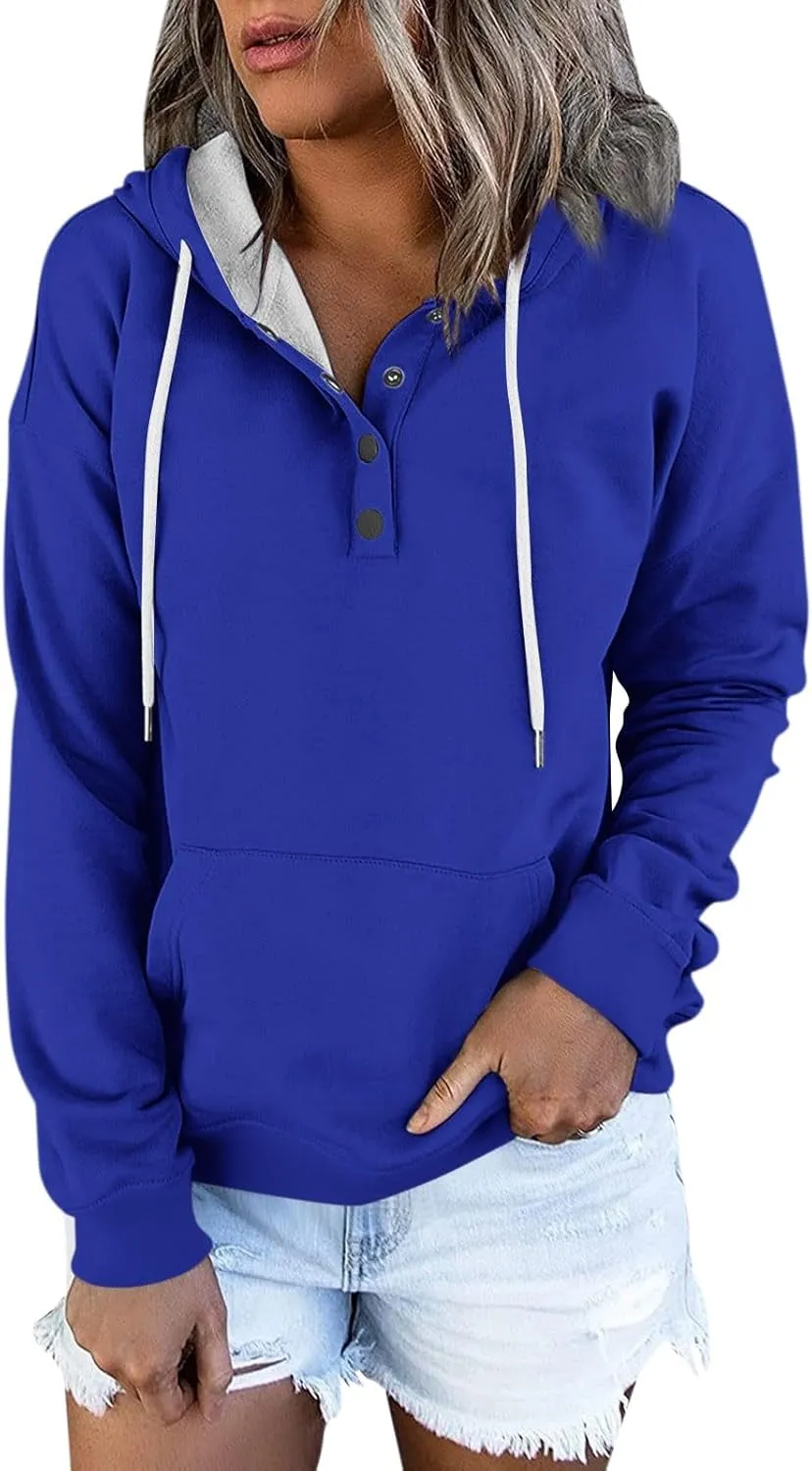 slqdgmryz Hoodies for Women Button Preppy Tunic Sweatshirt Plain Cute Hoodie Drawstring Long Sleeve Pullover with Pockets