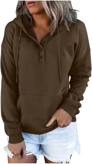 slqdgmryz Hoodies for Women Button Preppy Tunic Sweatshirt Plain Cute Hoodie Drawstring Long Sleeve Pullover with Pockets