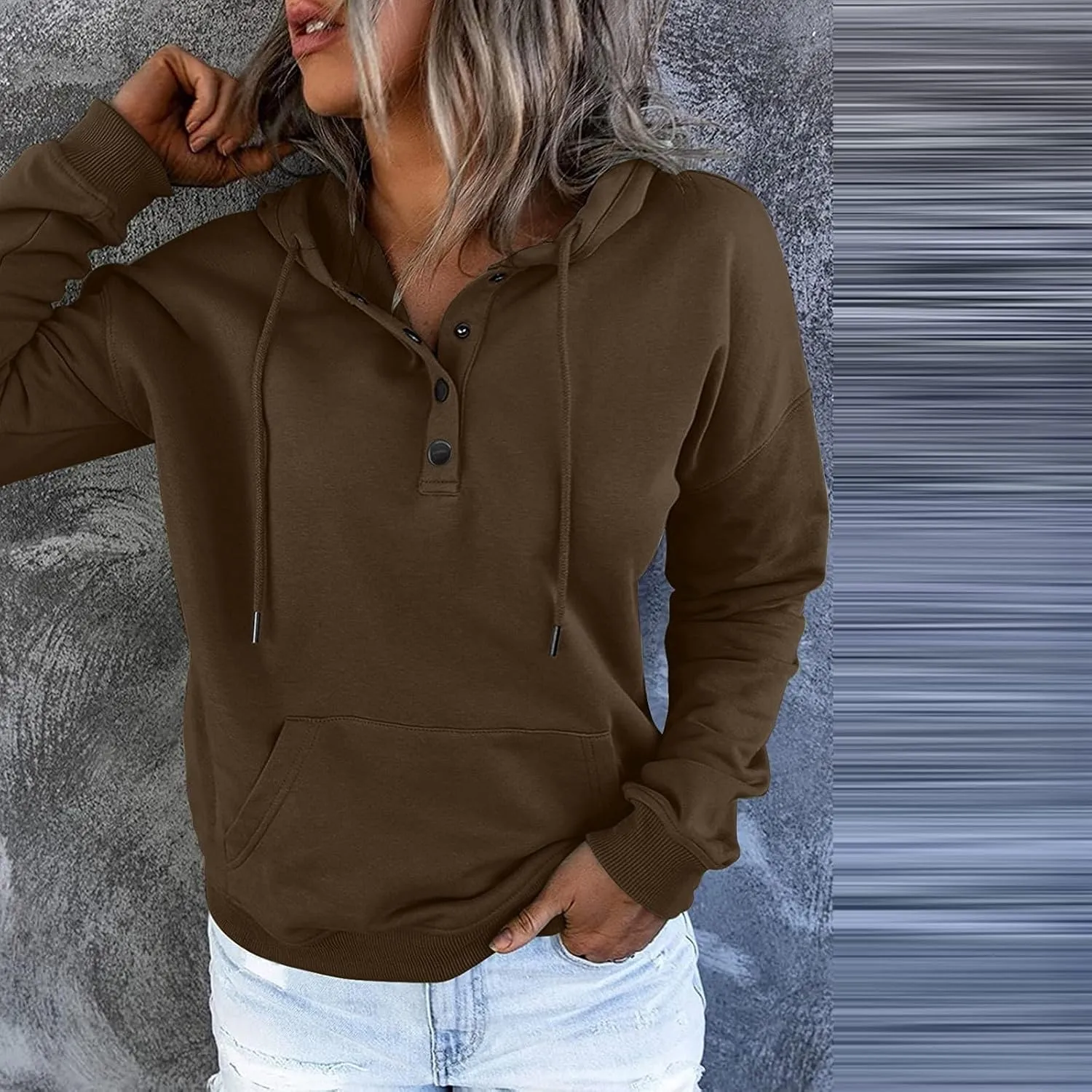 slqdgmryz Hoodies for Women Button Preppy Tunic Sweatshirt Plain Cute Hoodie Drawstring Long Sleeve Pullover with Pockets