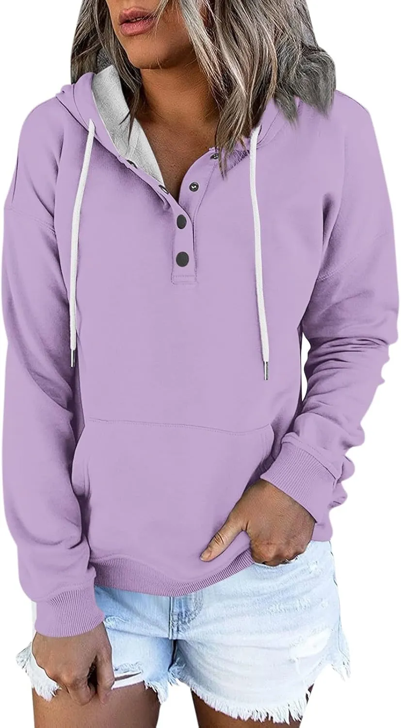 slqdgmryz Hoodies for Women Button Preppy Tunic Sweatshirt Plain Cute Hoodie Drawstring Long Sleeve Pullover with Pockets