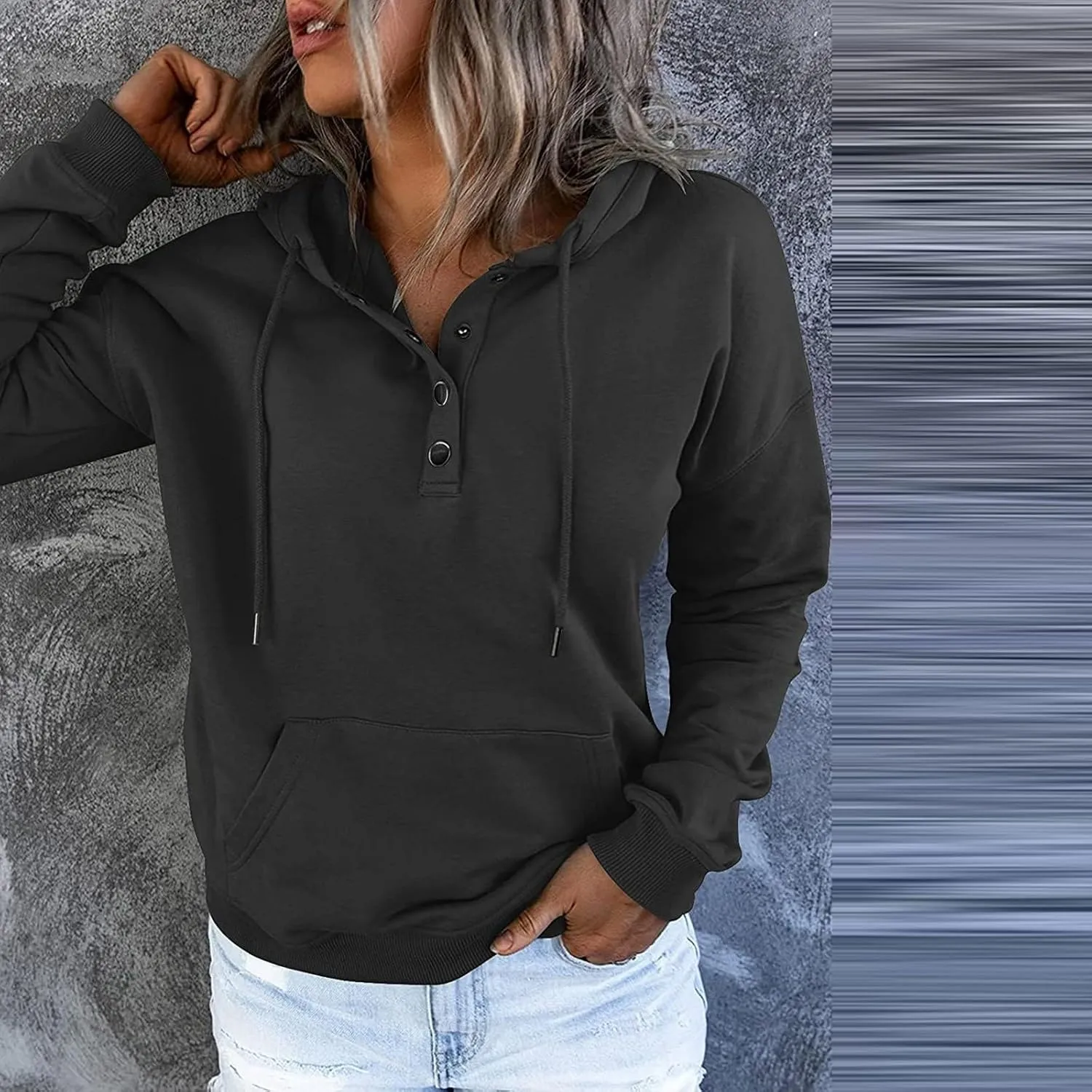 slqdgmryz Hoodies for Women Button Preppy Tunic Sweatshirt Plain Cute Hoodie Drawstring Long Sleeve Pullover with Pockets
