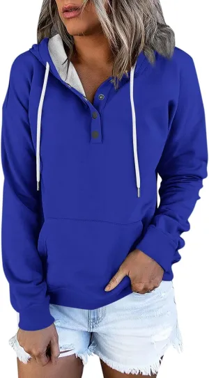 slqdgmryz Hoodies for Women Button Preppy Tunic Sweatshirt Plain Cute Hoodie Drawstring Long Sleeve Pullover with Pockets