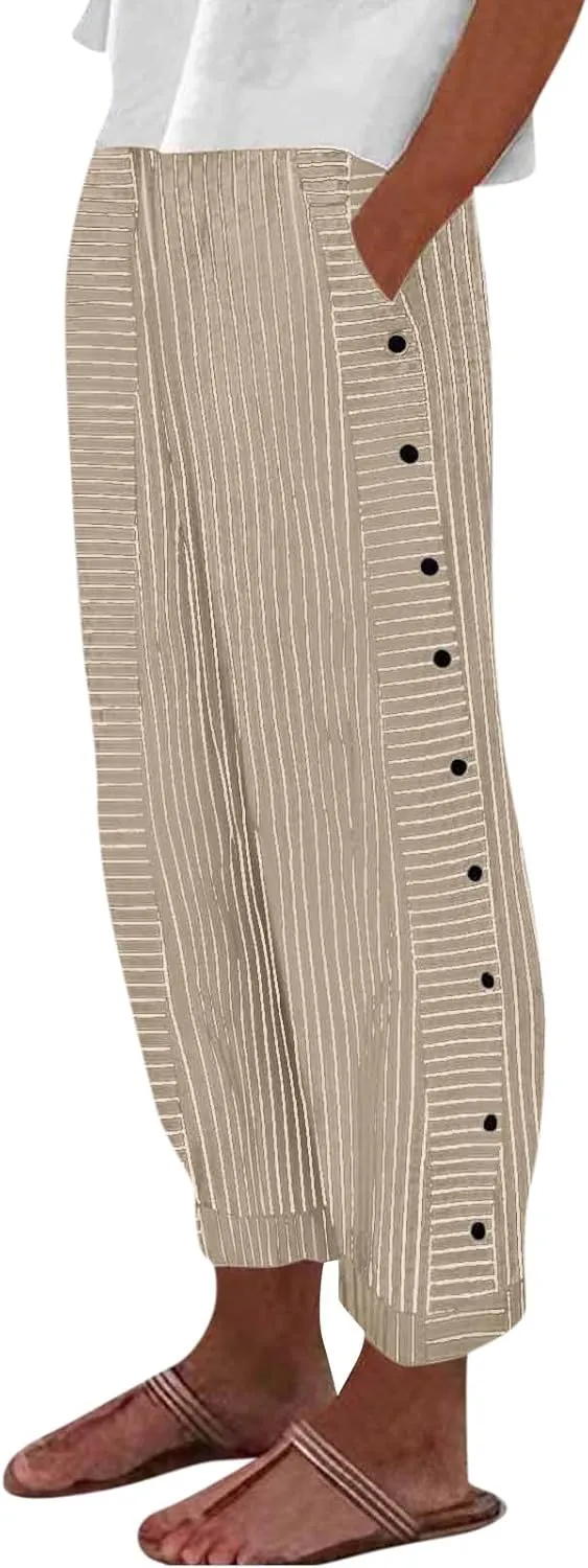 Striped Linen Pants Women Summer Wide Leg Gauze Pinstripe Pants Beach Vacation Lounge Linen Trousers with Pockets