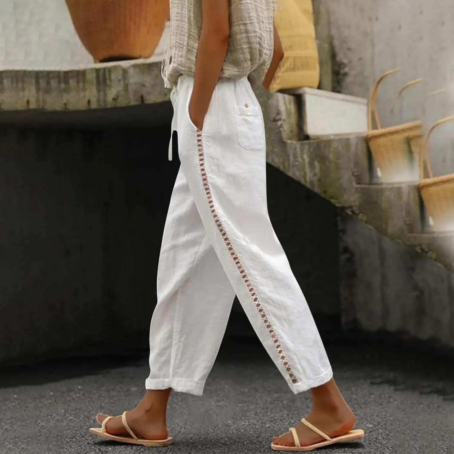 Summer Drawstring Casual Lounge Pant Waistband High Waistband Pocket Pants Side Nine Point Loose Casual