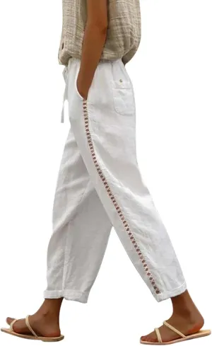 Summer Drawstring Casual Lounge Pant Waistband High Waistband Pocket Pants Side Nine Point Loose Casual