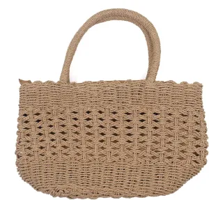 surell Paper Straw Square Bucket Bag w Shoulder Strap - Summer Beach Tote - Unique Round Purse - Stylish Spring Fashion Accessory - Light Natural