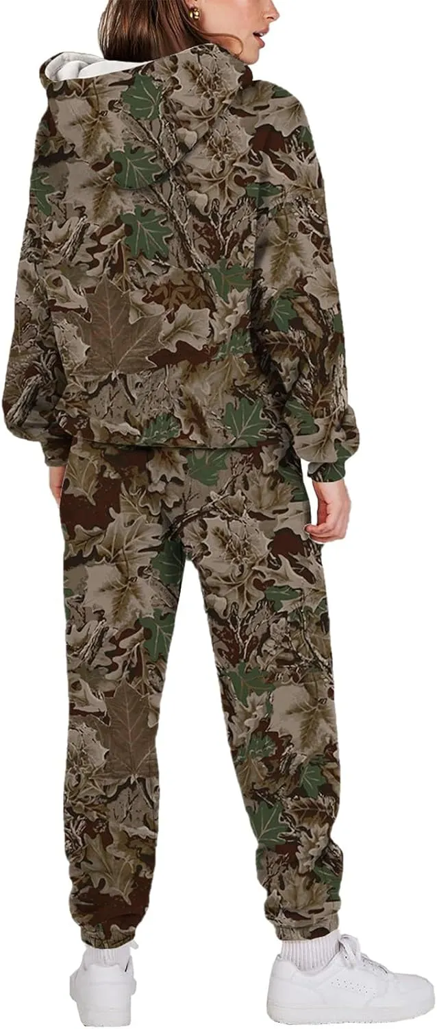 Sweat Suits for Womens Camo Hoodie 2 Piece Long Sleeve Camo Sweatshirt Wide Leg Sweatpants Track Suit Y2k Hoodies