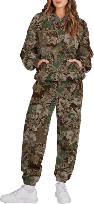 Sweat Suits for Womens Camo Hoodie 2 Piece Long Sleeve Camo Sweatshirt Wide Leg Sweatpants Track Suit Y2k Hoodies