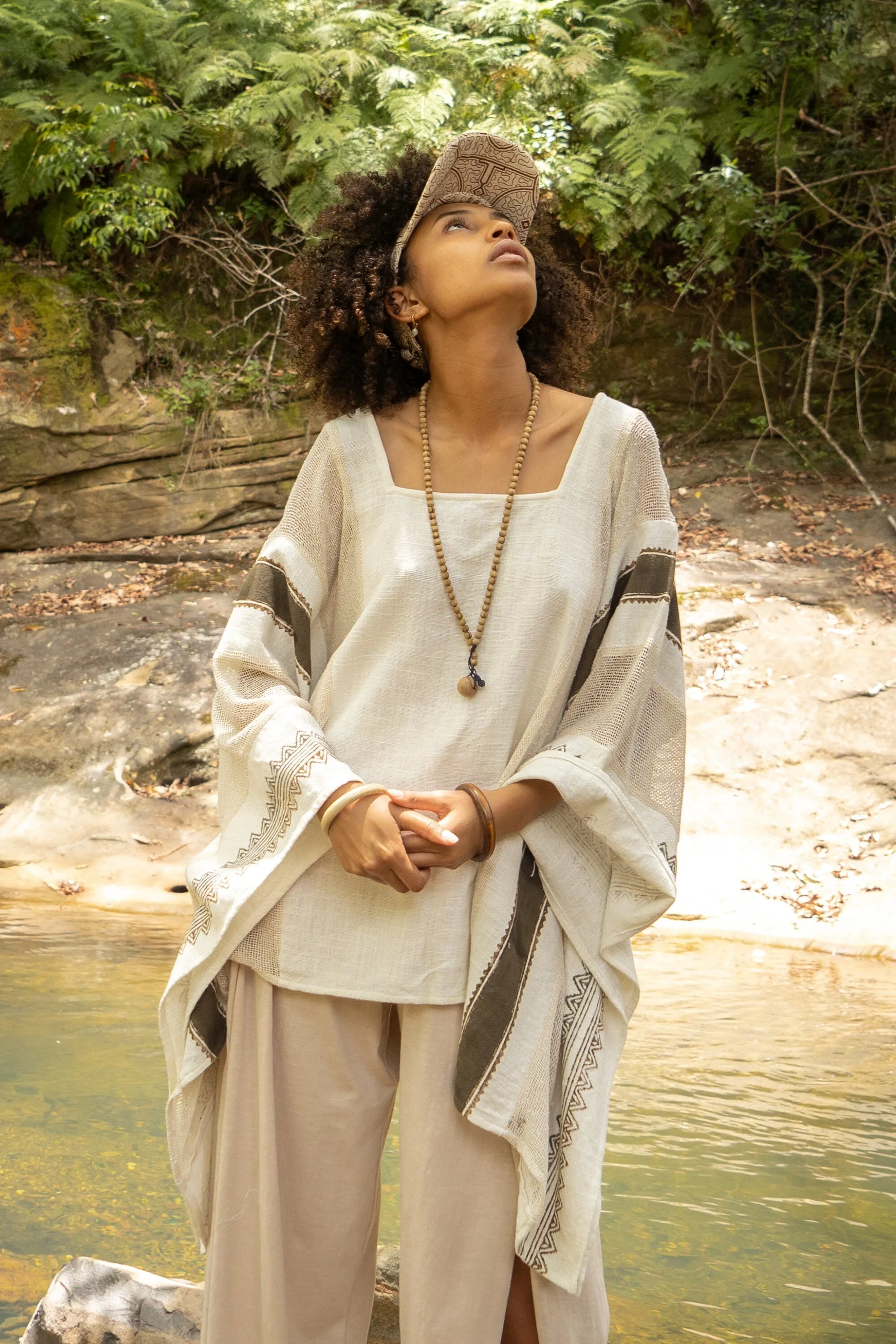 TAIKI Womens Light Beige Cream Poncho Cotton Top Kaftan Boho Block Printed Natural Dye Pattern Festival Bohemian Hippie Collarbone AJJAYA
