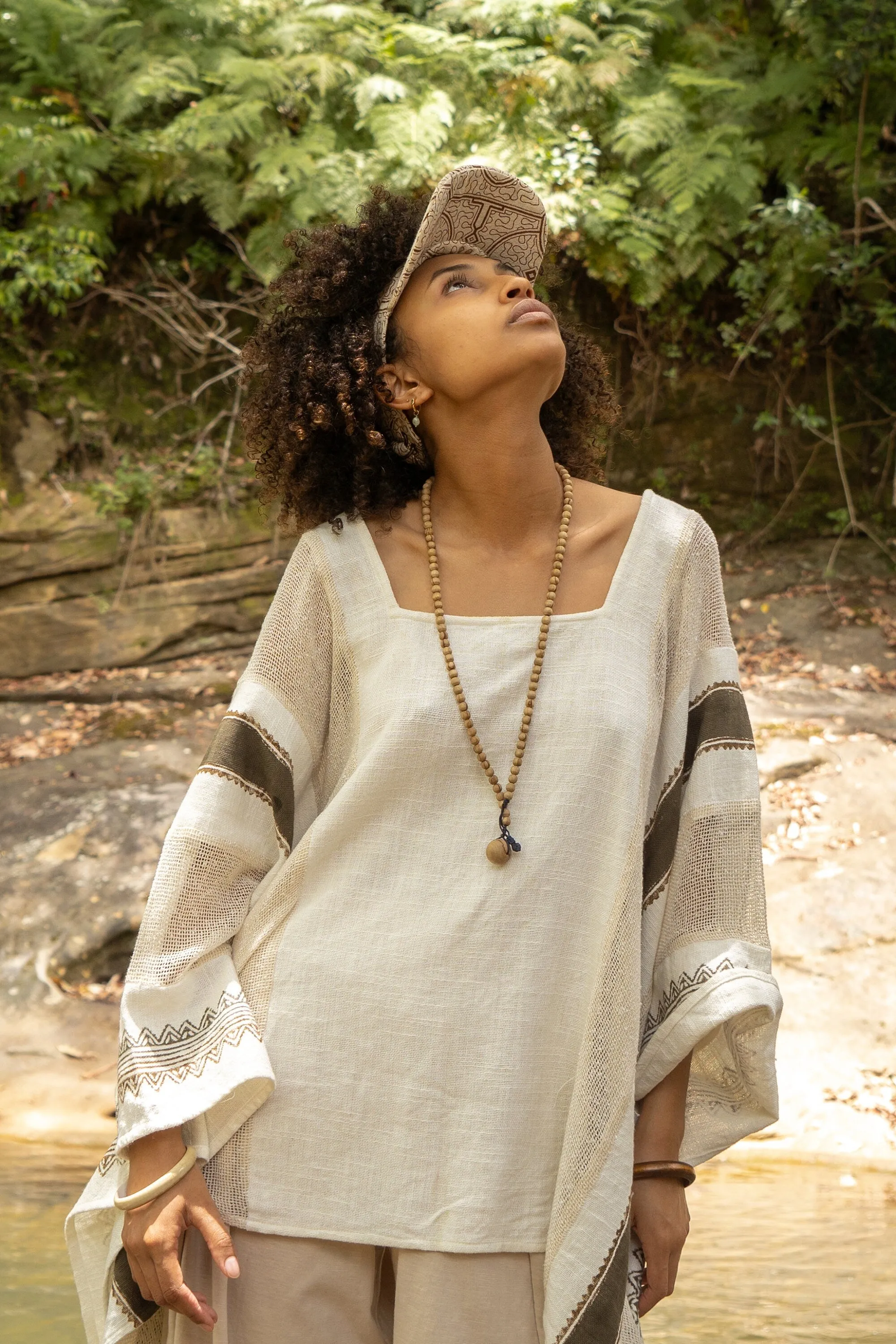 TAIKI Womens Light Beige Cream Poncho Cotton Top Kaftan Boho Block Printed Natural Dye Pattern Festival Bohemian Hippie Collarbone AJJAYA