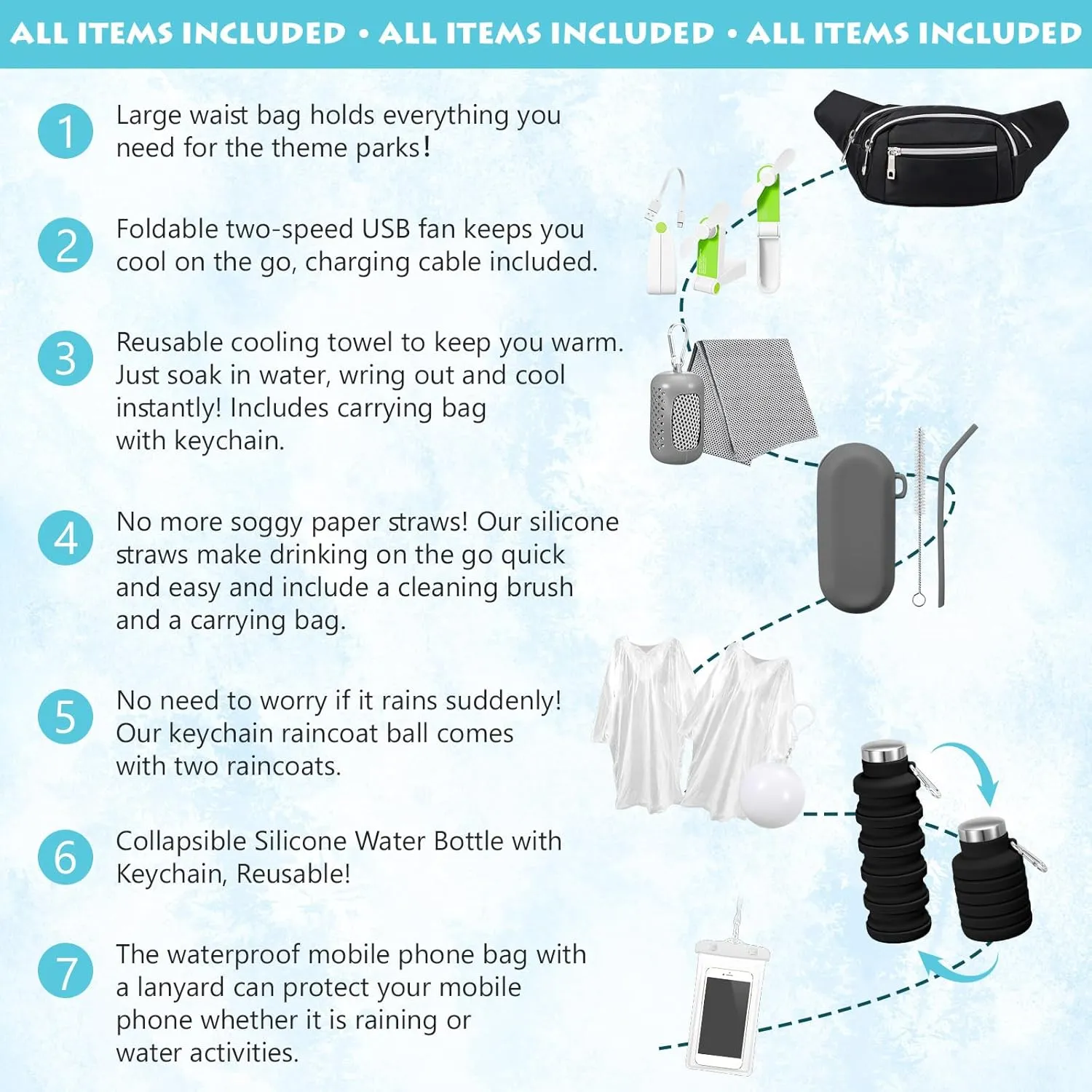 Theme Park Essentials 9 Pieces Fanny Pack Cruise Ship Essentials USB Handheld Fan Collapsible Water Bottle Cooling Towel Disposable Ponchos Silicone Straw Waterproof Phone Pouch (Black)