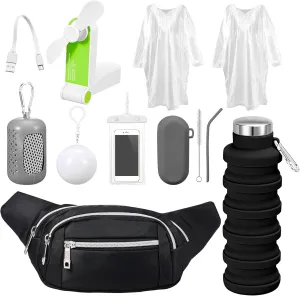 Theme Park Essentials 9 Pieces Fanny Pack Cruise Ship Essentials USB Handheld Fan Collapsible Water Bottle Cooling Towel Disposable Ponchos Silicone Straw Waterproof Phone Pouch (Black)