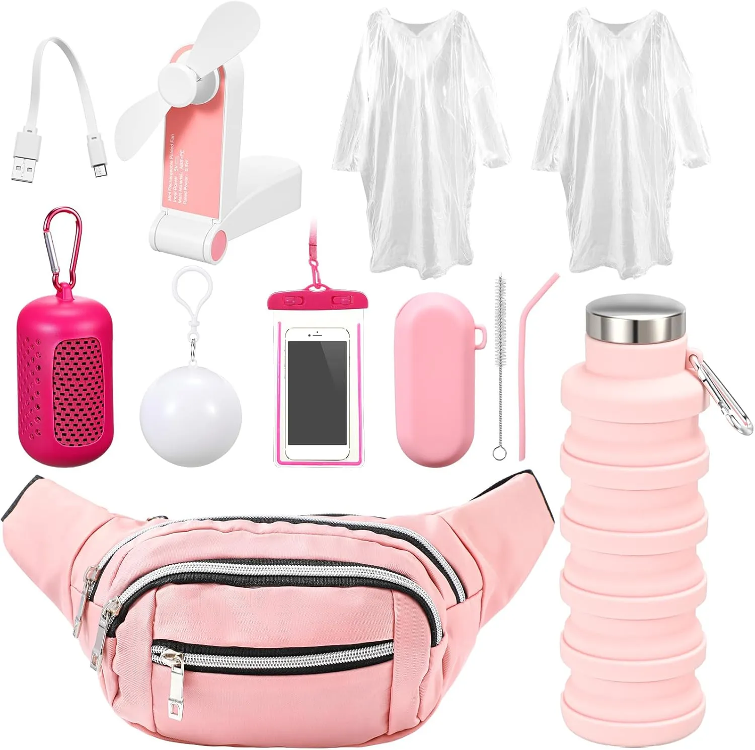 Theme Park Essentials 9 Pieces Fanny Pack Cruise Ship Essentials USB Handheld Fan Collapsible Water Bottle Cooling Towel Disposable Ponchos Silicone Straw Waterproof Phone Pouch(Pink)