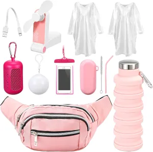 Theme Park Essentials 9 Pieces Fanny Pack Cruise Ship Essentials USB Handheld Fan Collapsible Water Bottle Cooling Towel Disposable Ponchos Silicone Straw Waterproof Phone Pouch(Pink)