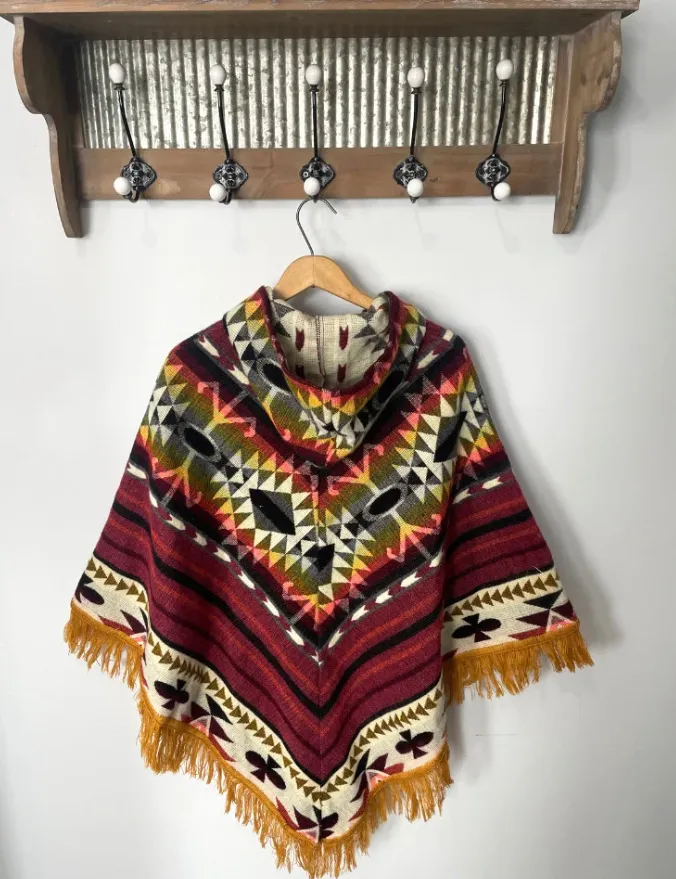 Unique Bohemian Tribal Print Pullover Alpaca Poncho