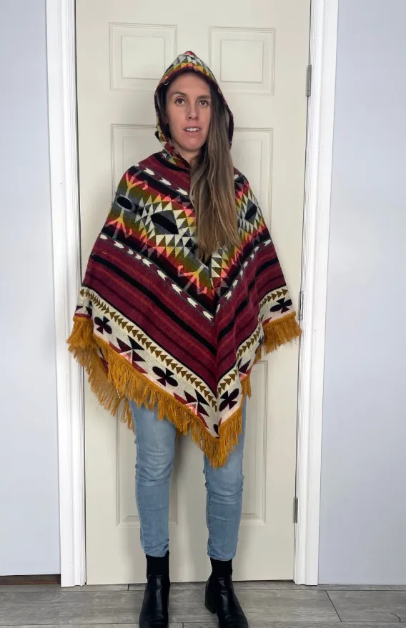 Unique Bohemian Tribal Print Pullover Alpaca Poncho