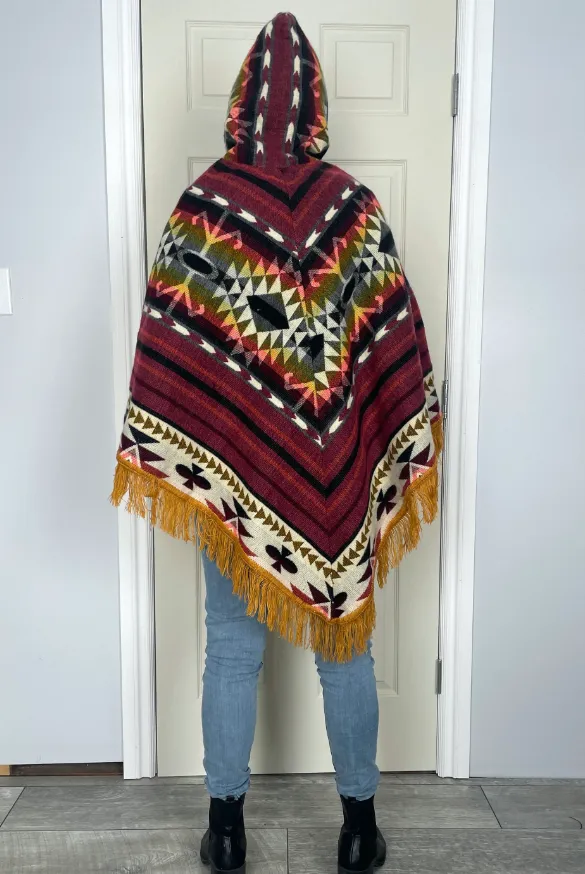 Unique Bohemian Tribal Print Pullover Alpaca Poncho